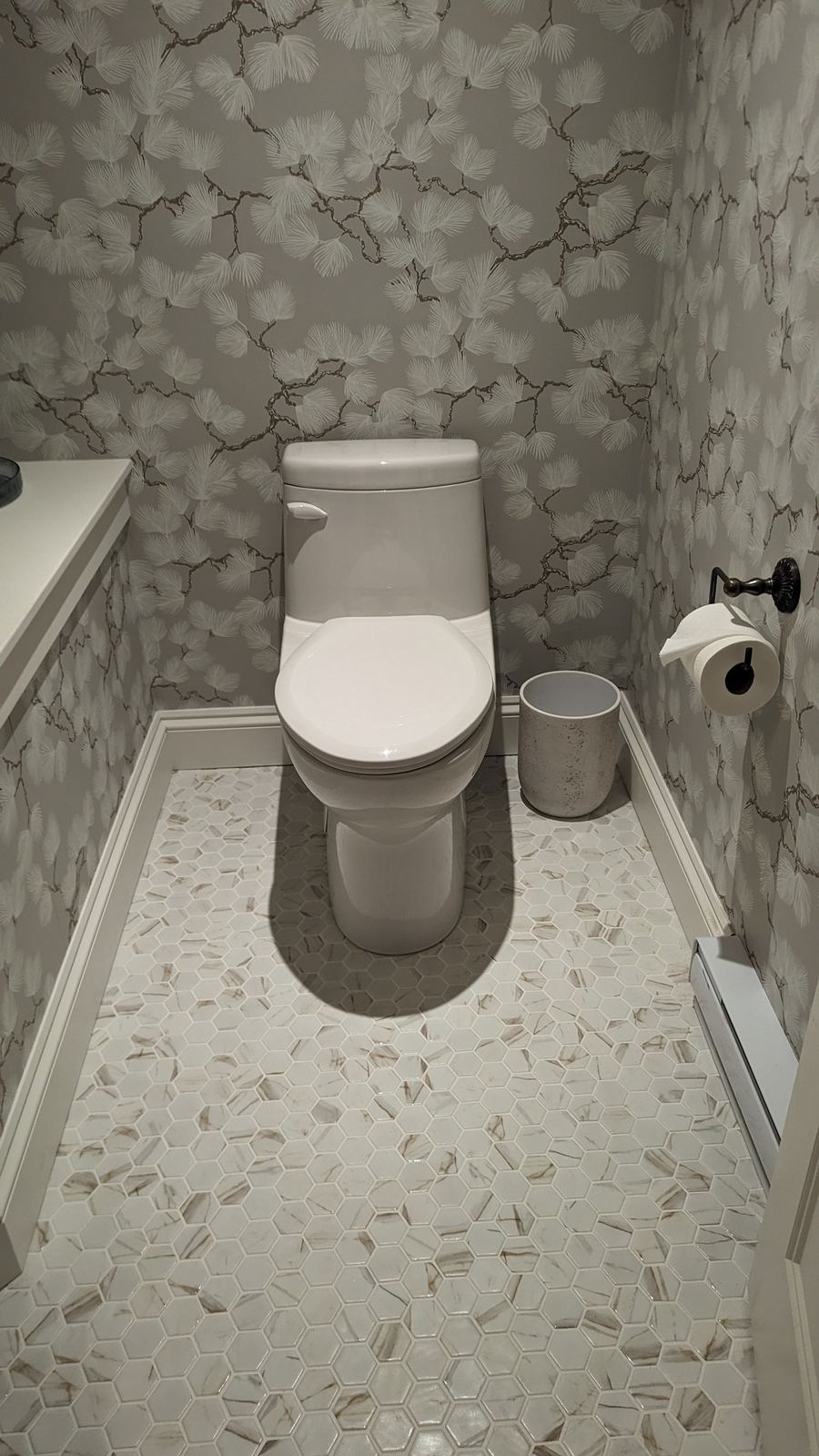 Finished bathroom with botanical wallpaper, hexagonal marble tile, and modern toilet