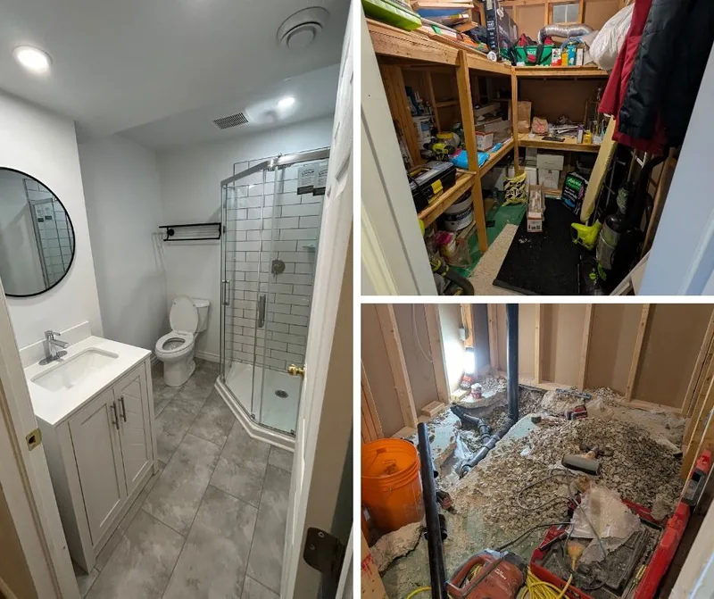 Before and after: storage closet converted into a full bathroom with shower, vanity, and toilet